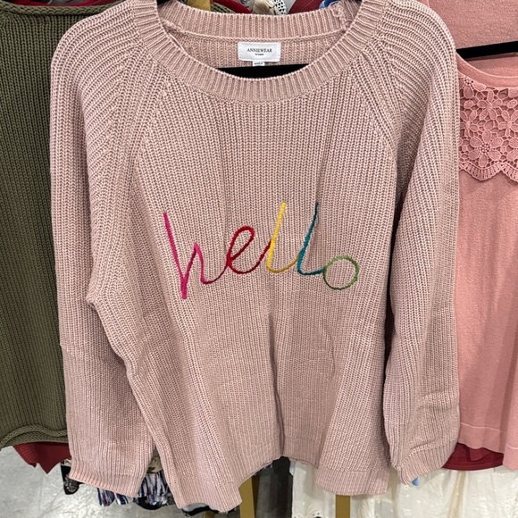 Anniewear Sweaters - ANNIEWEAR Pink 'Hello' Embroidered Crewneck Sweater